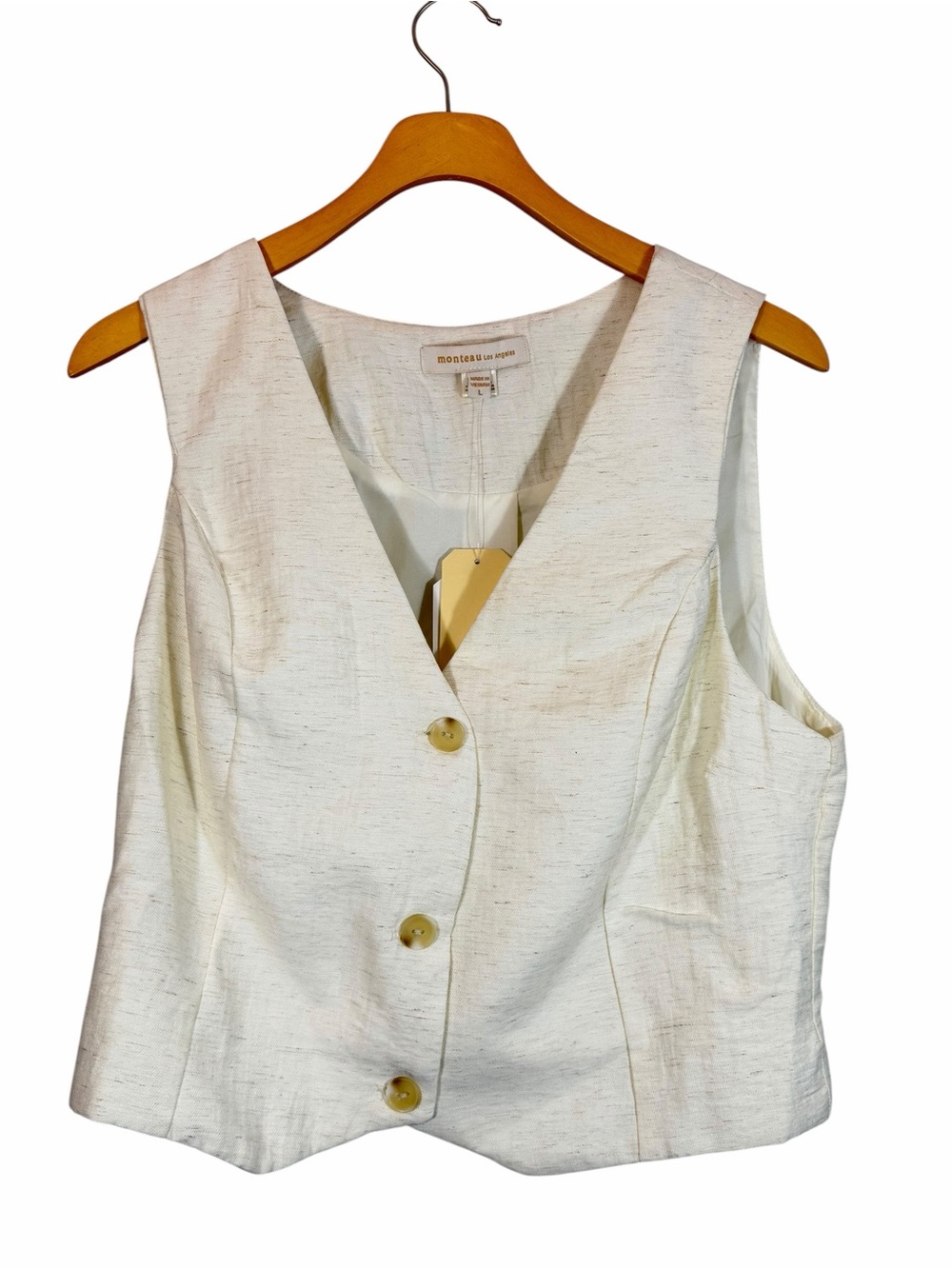 Monteau Linen Blend Textured Sleeveless Vest Top Size L Summer Coastal NEW